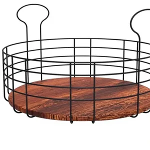Panier de rangement rond en fil métallique noir avec base en bois, organisateur rustique pour fruits, pain et légumes, pour usage domestique - Product Image 6