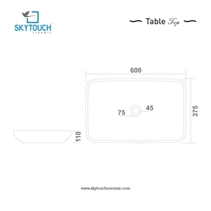Lavabo rectangulaire en céramique SKYTOUCH 600x375x110mm pour toilettes, montage sur plan, finition polie, design minimaliste à trou unique - Product Image 3