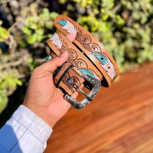 เข็มขัดหนังแท้สไตล์ตะวันตก ลายเพสลีย์ ทำด้วยมือจากหนังวัวแท้ หัวเข็มขัดโลหะผสมสังกะสี กว้าง 40 มม. ปรับแต่งได้ - Product Image 6