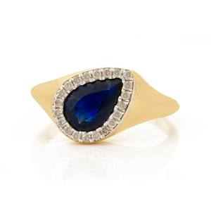Anillo Grueso de Oro Amarillo de 14K con Zafiro Azul en Forma de Pera Hecho a Mano y Halo de Diamantes de Corte Redondo, Joyería de Piedras Preciosas Auténticas - Product Image 1