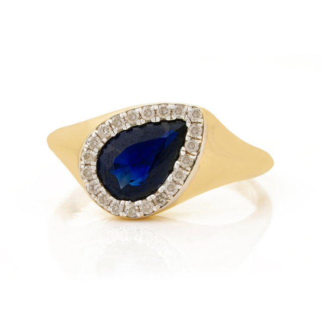 Precious Gemstone Handmade Pear Shape Blue Sapphire & Round Cut Diamond Halo Signet Chunky Ring Real 14K Yellow Gold Jewelry