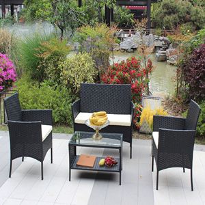 Juego de Muebles de Patio de Ratán Beige de 4 Piezas con Asientos Acolchados, Sofá de Mimbre para Exteriores con Cojines - Product Image 6