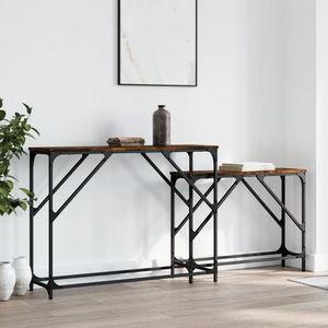 Grande table console gigogne en bois d'ingénierie chêne fumé avec collection de tables consoles métalliques haut de gamme - Product Image 1