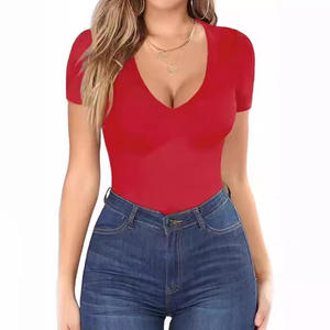 Camisetas de Verano con Cuello Redondo para Mujer, Camisetas de Cuello en V de la Mejor Calidad OEM, Camisetas de Cuello Profundo de Algodón con Logotipo Personalizado al por Mayor - Product Image 3