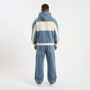 Conjunto de Sudadera con Cremallera Azul Crema y Pantalones Anchos para Hombre, con Paneles en Contraste y Detalles de Tachuelas, Estilo Urbano, Chándal Personalizado OEM ODM - Product Image 2