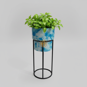 Support à fleurs moderne en métal avec pot tie-dye bleu, porte-plantes d'intérieur, design minimaliste, décoration intérieure - Product Image 1