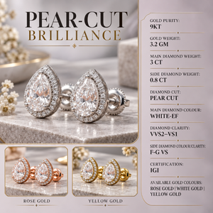 Pendientes de Diamantes Cultivados en Laboratorio con Corte Pera |   Pendientes Halo de Oro de 9 Quilates con Certificado IGI de 3.8 Quilates, Oro Rosa/Blanco/Amarillo, Joyería de Lujo - Product Image 5