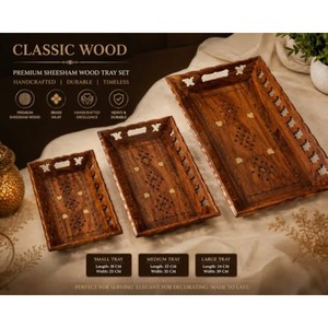 Plateaux de service en bois de Sheesham avec incrustations en laiton, vente en gros |   Plats de service géométriques faits à la main - Product Image 2