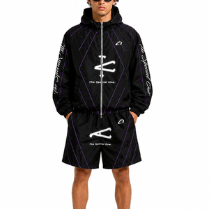 Ensemble court coupe-vent réfléchissant noir tendance personnalisé pour hommes, style streetwear Y2K, marque privée, ensemble veste légère d'été avec sweats à capuche - Product Image 1