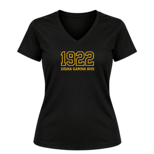 เสื้อยืดออกกำลังกายสำหรับผู้หญิง ลายตัวอักษรกรีก Sigma Gamma Rho แบบคอวี แขนสั้น สไตล์นักกีฬา เสื้อผ้าขายส่งสำหรับชมรมนักศึกษา - Product Image 1