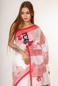 Sari de Algodón Blanco con Estampado Digital Rojo y Borlas para Mujer, Ropa Tradicional India, Estilo Casual, Largo Regular, Estilo Bollywood - Product Image 3