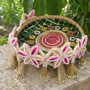 Handmade Decorative <b>Wedding</b> Basket With Pearl Bead Tassel Floral Design Green Gold Festive Gift Tray Decor - Product Image 3