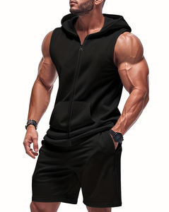 Men's Solid Hooded Sleeveless Vest Shorts Set Black French Terry 100% Cotton Anti-Pilling Quick Dry Sporty Summer Casual 2Pcs - Product Image 1