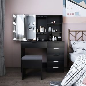 FCH Black Dressing <b>Table</b> Set 6 Pumps 2 Shelves <b>Mirror</b> Cabinet Triamine Veneer 3 Tone Light Bulbs Particleboard Makeup Vanities - Product Image 1