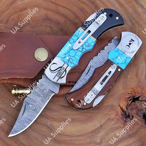Couteau pliant multifonction en acier Damas de qualité industrielle, manche en pierre turquoise et époxy noir, lame à pointe tombante, ouverture coulissante - Product Image 6