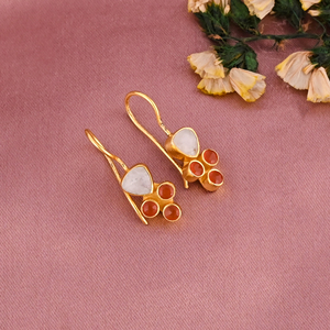 Trendy <b>Gold</b> Plated Natural Red Onyx & Rainbow Moonstone Gemstone 925 Sterling Silver <b>Dangle</b> <b>Earrings</b> for Women - Product Image 2