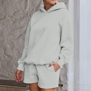 Ensemble sweat à capuche oversize et short en molleton de coton de couleur unie pour femme – Tenue assortie respirante style tricoté pour l'automne - Product Image 5