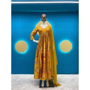 NUEVA LLEGADA CHINON SECUENCIA BORDADO IMPRESIÓN TRABAJO ALIA CUT TOP BOTTOM CON DUPATTA MOSTAZA - Product Image 3