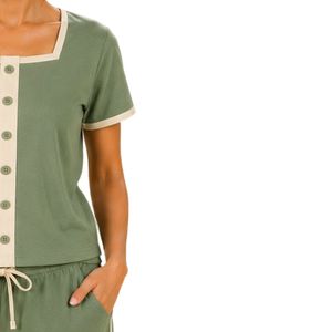 Olive Green And Cream Women Two Piece Shorts Set Square Neck Button <b>Top</b> Football Print Casual Summer Cotton Lounge Wear Outfit - Product Image 4
