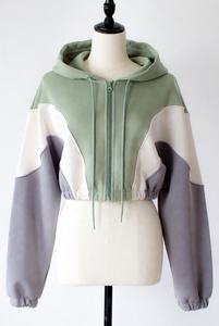 Custom Women Color Block Cropped Hoodie Zip Up <b>Patchwork</b> Sweatshirt Streetwear Sage Green Casual Long Sleeve Hooded Jacket <b>Tops</b> - Product Image 2