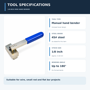 Mini Dobladora Manual de 1/8 Pulgadas, Herramienta para Doblar Varillas y Alambres Planos de 180 Grados, Acero de Grado 45, Mango Azul para Trabajos de Metalurgia - Product Image 3