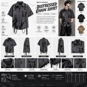 Mens Distressed <b>Gothic</b> Chain Short Sleeve Anti-Wrinkle 100% Cotton Button-Up <b>Shirt</b> Punk Streetwear Oversized Casual - Product Image 5