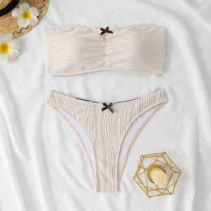 Women's <b>White</b> Ruched Bandeau <b>Bikini</b> <b>Set</b> 2 Piece Solid Stretch Swimwear Hipster Bottoms - Product Image 5