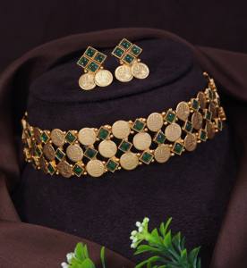 High Quality Matte Finish <b>Gold</b> Plated Copper Alloy Coin Choker <b>Set</b> Synthetic Stone Temple Indian Ethnic Women's Jewelry <b>Sets</b> - Product Image 5