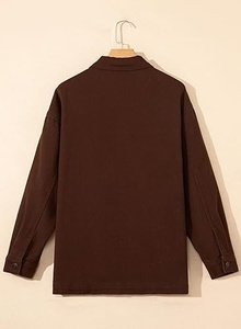 Brown <b>Canvas</b> Shirt <b>Jacket</b> Turn-down Collar Button Front Casual Style Loose Fit Autumn Wear Unisex Regular Sleeve - Product Image 2