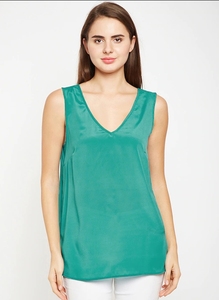 Top sin mangas de gasa de seda verde esmeralda para mujer con detalle de anillo, cuello en V y espalda hueca, estilo elegante - Product Image 4