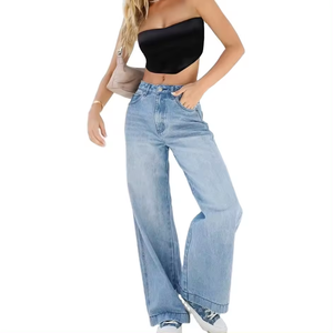 Jeans clásicos azules de pierna ancha para mujer, de cintura alta, de mezclilla de algodón, con cinco bolsillos, cómodos, suaves al tacto, pantalones de estilo relajado. - Product Image 5