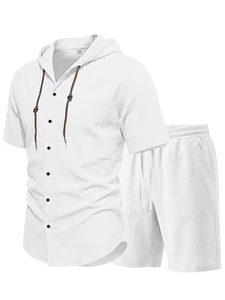 Men Breathable Knitted Solid Hooded Shirt Set Short Sleeve Button-Up Top Elastic Waist Shorts Casual Summer Outfit - Product Image 6