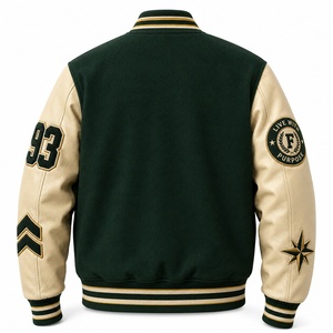 Veste universitaire pour homme, corps vert, manches en cuir crème, patch brodé, style preppy, vêtement d'automne, veste universitaire - Product Image 6