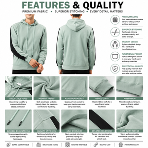 Sweat-shirt à capuche vert menthe avec empiècements noirs aux manches, coupe classique, pull décontracté pour femme, en coton tricoté, couleur unie, pour l'automne - Product Image 6