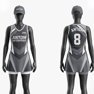 Robe de netball personnalisée sublimée pour femmes, sans manches, col en V, imprimé géométrique, uniforme d'équipe, vêtements de sport respirants, maillot noir - Product Image 3