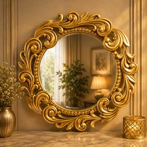 Espejo de Pared con Tallado de Madera de Loto Mandala, Acabado Dorado Antiguo, Hecho a Mano, Espejo Decorativo de Lujo - Product Image 6