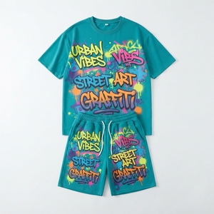 Conjunto Deportivo Informal de Camiseta y Pantalones Cortos de Algodón con Estampado de Grafiti Urbano y Logotipo Personalizado para Gimnasio, Fitness y Jogging - Product Image 6
