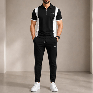 Conjunto Deportivo de Verano Personalizado para Adultos, Estilo Casual, Bloques de Color, Secado Rápido, Transpirable, Camiseta Polo con Cierre de Cremallera, Pantalones Deportivos con Paneles en Contraste - Product Image 1