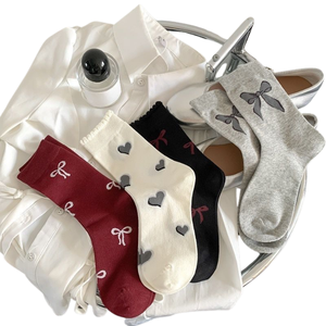 Bow-knot Anke La Red Korean-style Instagram-favorite Women's Mid-Calf Crew <b>Socks</b>-Versatile Gray <b>Polyester</b>/Cotton Knitted <b>Sock</b> - Product Image 1