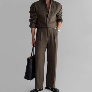 OEM Custom Italian-Style Men's Shirt Wholesale Business Casual Party Holiday <b>Linen</b> Men's Shirt Sets Set <b>Two</b>-<b>Piece</b> Shirt - Product Image 2