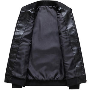 <b>Men's</b> Black PU Leather Moto <b>Jacket</b> Stand Collar Zipper Closure Regular Length Solid Color Autumn Wear - Product Image 2