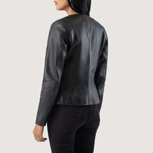 Blouson de moto pour femme style motard Flashback en cuir véritable avec fermeture éclair, col ouvert, couleur unie, coupe-vent en polyester - Product Image 4