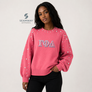 Sweat-shirt en molleton de coton pour femme Gamma Phi Delta, orné de perles, col rond, lettres grecques brodées, pull décontracté - Product Image 5
