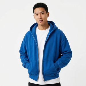 Sudadera con Capucha y Cremallera para Hombre, Talla Grande, de Forro Polar, Azul Sólido, Corte Regular, Manga Larga, con Bolsillos, para Otoño - Product Image 4