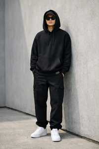 Sweat-shirt à capuche oversize pour homme, noir, 100% coton molletonné, streetwear décontracté, pull-over avec logo imprimé sur le devant, vêtement d'hiver, uni - Product Image 2