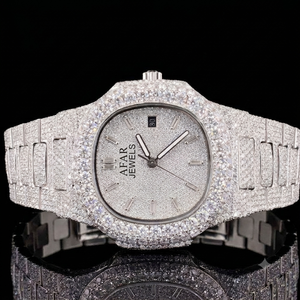 <b>Silver</b> Moissanite <b>Watch</b> Analog Wristwatch Stainless Steel Bracelet Unisex Date Display Hip Hop Style - Product Image 5