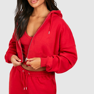 Custom Logo <b>Women's</b> <b>Red</b> Cropped Zip-Up Hoodie Solid Color Long Sleeve Knitted <b>Sweatshirt</b> Autumn Wear - Product Image 4