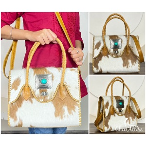 New Personalized Handmade Hair On Cowhide Leather Tote Bag with Braided Handle Tooled Leather With Turquoise Concho Shoulder Bag - Product Image 1