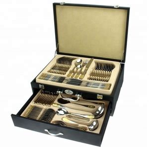 Ensemble de couverts élégants en argent et or poli miroir dans un coffret en bois, ensemble de couverts en acier inoxydable durable pour hôtel, restaurant - Product Image 1