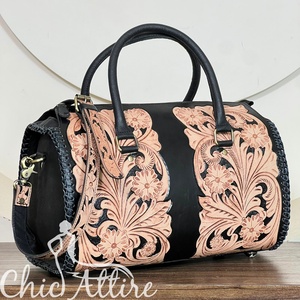 Vintage Style Hand Tooled Floral Leather Large Duffel <b>Bags</b> Premium Genuine Leather <b>Overnight</b> Travel Weekender <b>Bags</b> For Unisex - Product Image 1